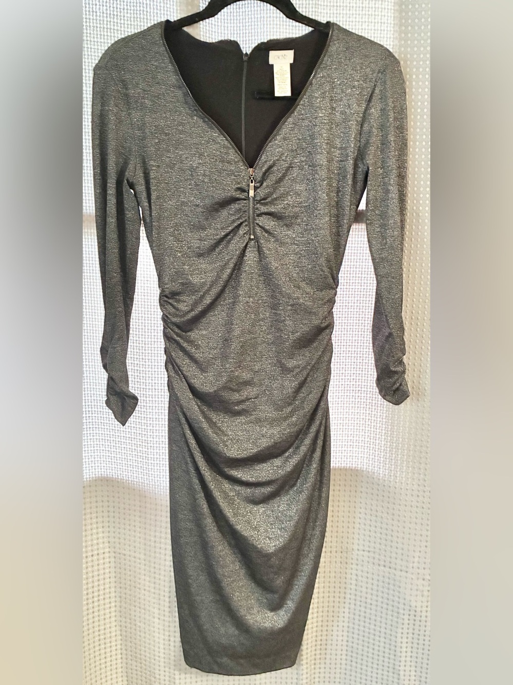 Cache Gray Gathered Bodycon Dress Sz XS Lined Zipper Cuffs vintage 90s Y2K Trend